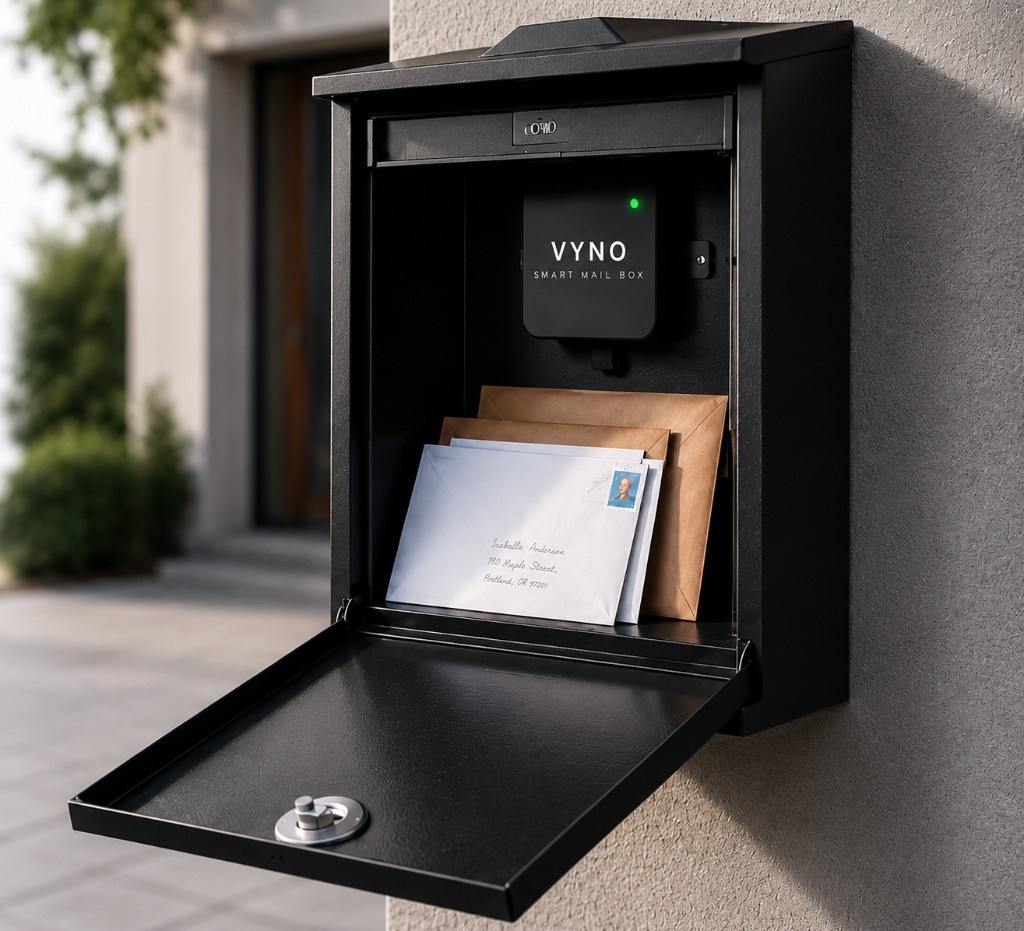 VYNO Smart Mail Box device installed inside a modern black wall-mounted mailbox with mail envelopes
